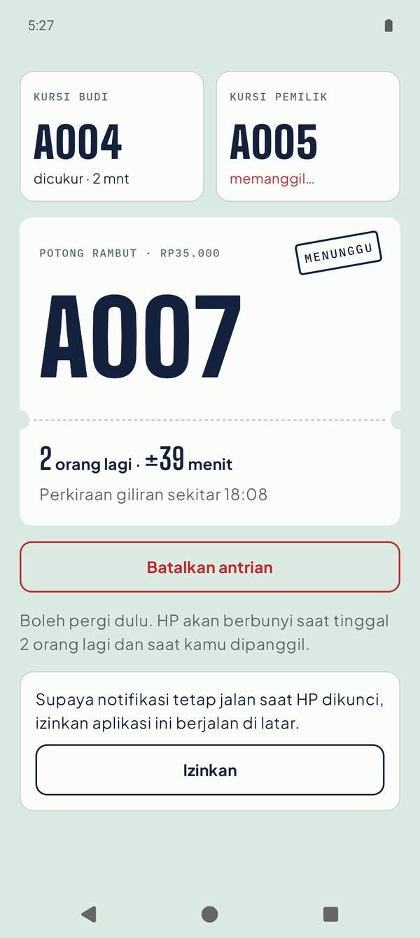 Customer ticket with position and estimated wait